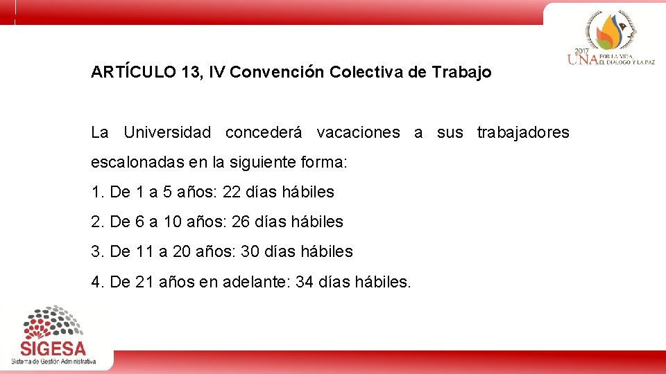 ARTÍCULO 13, IV Convención Colectiva de Trabajo La Universidad concederá vacaciones a sus trabajadores