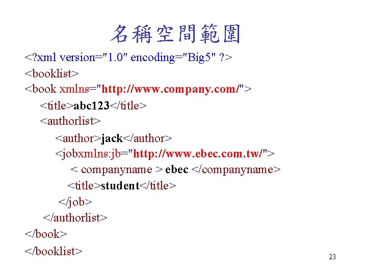 名稱空間範圍 <? xml version="1. 0" encoding="Big 5" ? > <booklist> <book xmlns="http: //www. company.