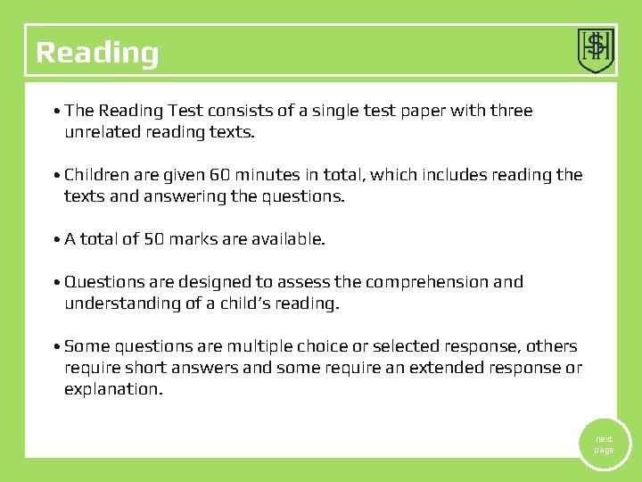 Reading • • The Test consists of a single papertest withpaper three unrelated reading