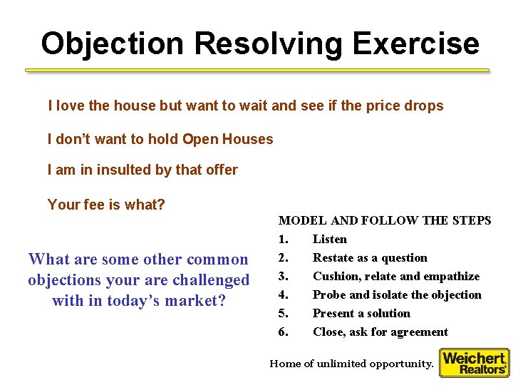 Objection Resolving Exercise I love the house but want to wait and see if