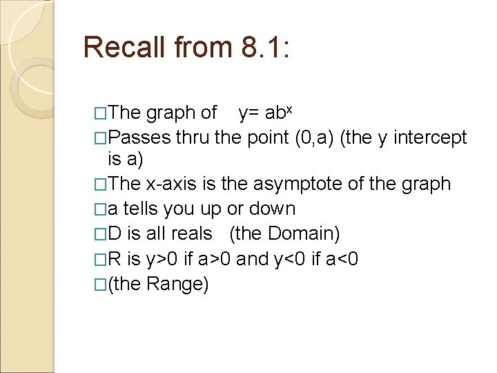 Recall from 8. 1: �The graph of y= abx �Passes thru the point (0,