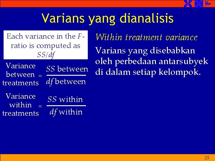  Varians yang dianalisis Each variance in the F- Within treatment variance ratio is