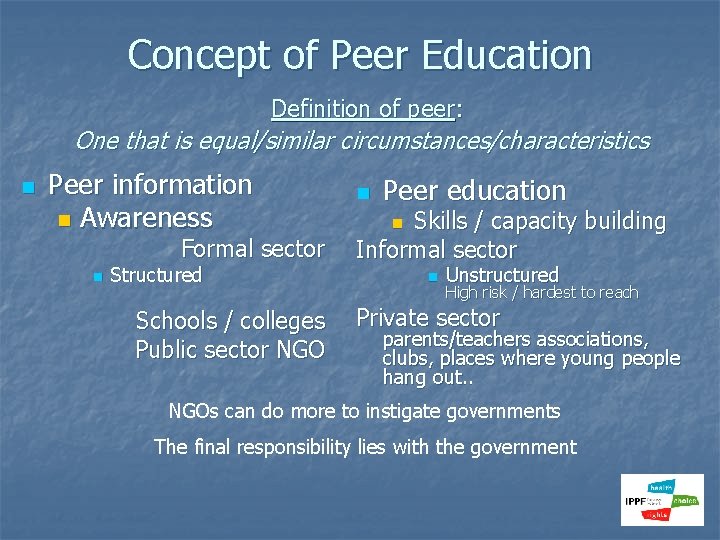 Concept of Peer Education Definition of peer: One that is equal/similar circumstances/characteristics n Peer