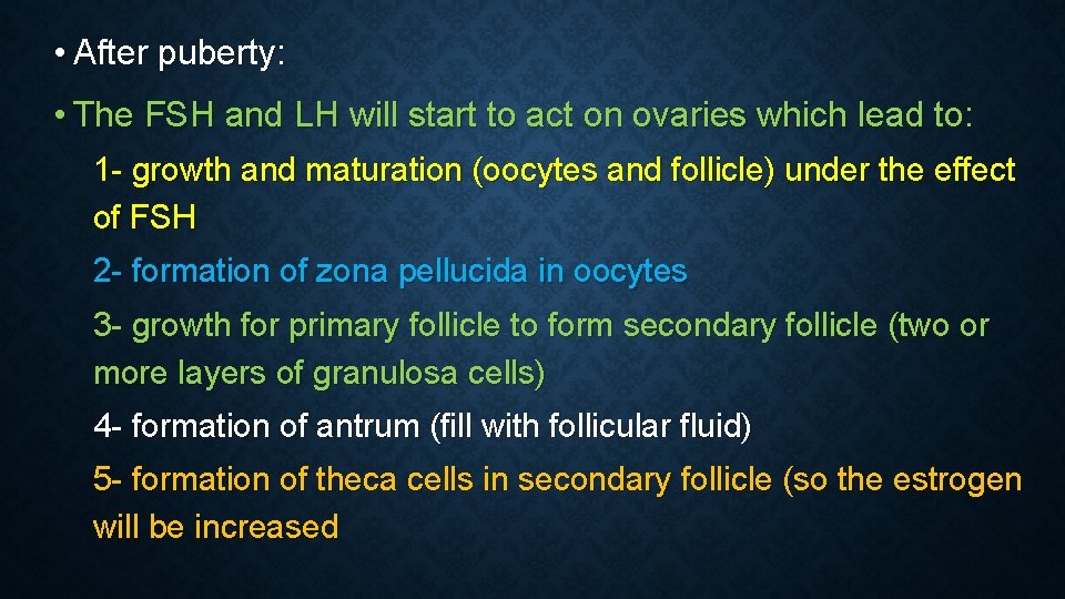  • After puberty: • The FSH and LH will start to act on