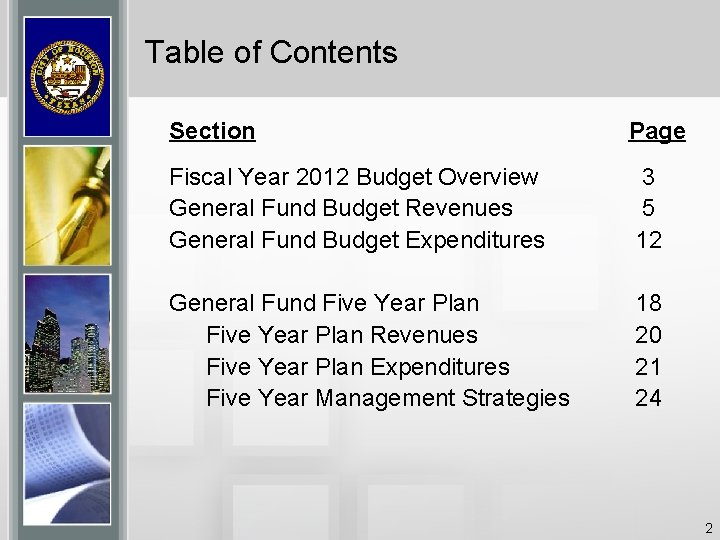 Table of Contents Section Page Fiscal Year 2012 Budget Overview General Fund Budget Revenues