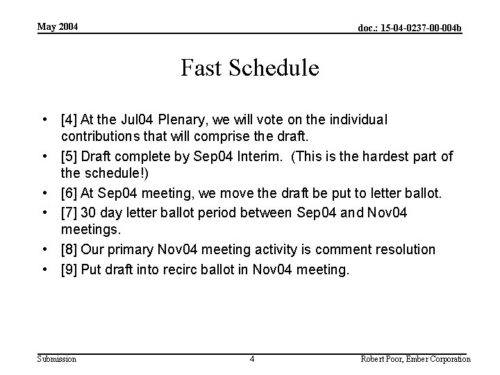 May 2004 doc. : 15 -04 -0237 -00 -004 b Fast Schedule • [4]