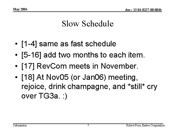 May 2004 doc. : 15 -04 -0237 -00 -004 b Slow Schedule • •