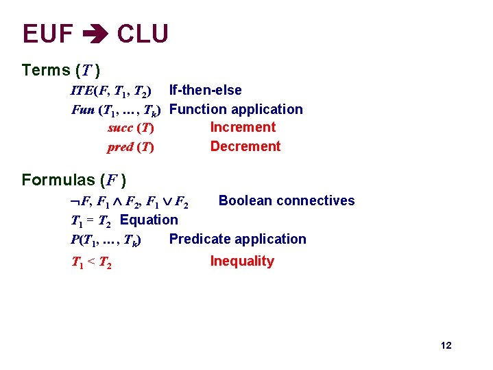 EUF CLU Terms (T ) ITE(F, T 1, T 2) If-then-else Fun (T 1, EUF CLU Terms (T ) ITE(F, T 1, T 2) If-then-else Fun (T 1,