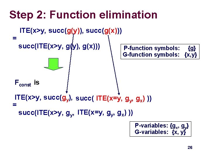 Step 2: Function elimination = ITE(x>y, succ(g(y)), succ(g(x))) succ(ITE(x>y, g(y), g(x))) P-function symbols: {g} Step 2: Function elimination = ITE(x>y, succ(g(y)), succ(g(x))) succ(ITE(x>y, g(y), g(x))) P-function symbols: {g}