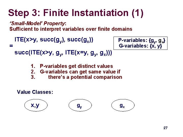 Step 3: Finite Instantiation (1) ‘Small-Model’ Property: Sufficient to interpret variables over finite domains Step 3: Finite Instantiation (1) ‘Small-Model’ Property: Sufficient to interpret variables over finite domains
