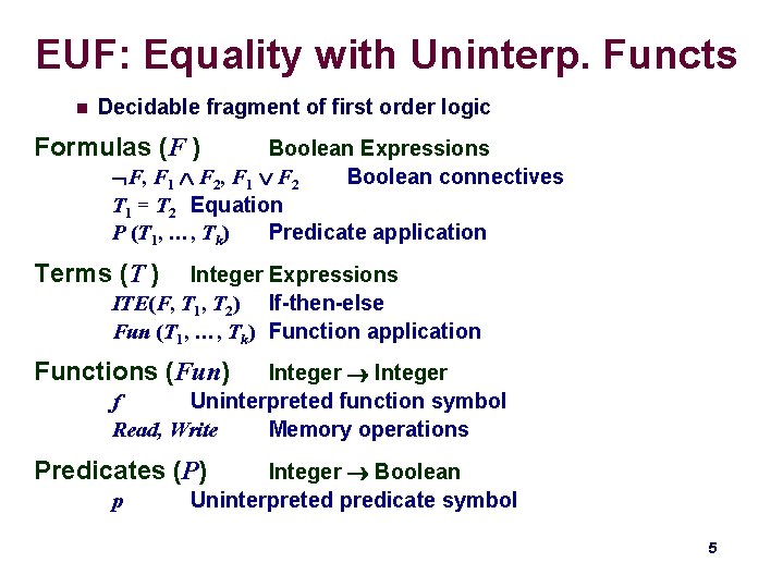 EUF: Equality with Uninterp. Functs n Decidable fragment of first order logic Formulas (F EUF: Equality with Uninterp. Functs n Decidable fragment of first order logic Formulas (F