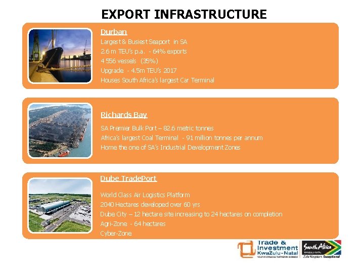 EXPORT INFRASTRUCTURE Durban Largest & Busiest Seaport in SA 2. 6 m TEU’s p.