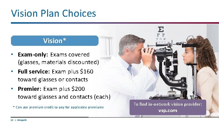 Vision Plan Choices Vision* • Exam-only: Exams covered (glasses, materials discounted) • Full service: