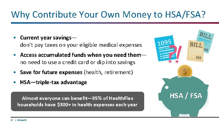 Why Contribute Your Own Money to HSA/FSA? • Current year savings— don’t pay taxes