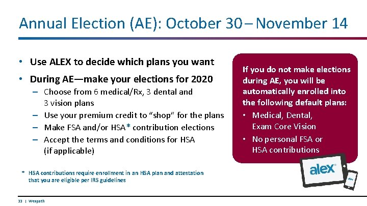 Annual Election (AE): October 30 – November 14 • Use ALEX to decide which