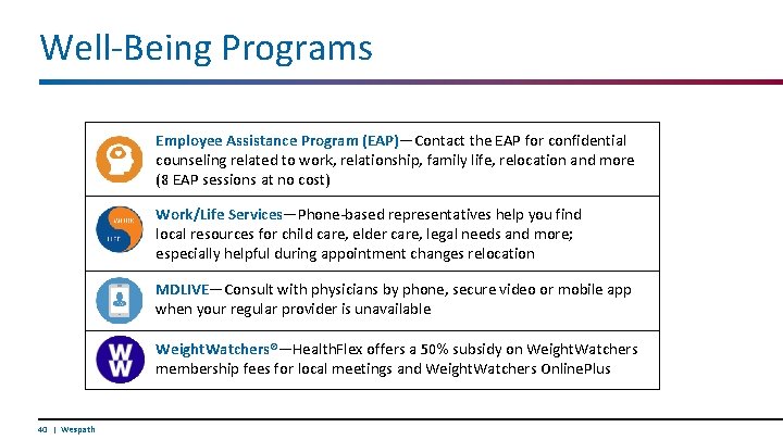 Well-Being Programs Employee Assistance Program (EAP)—Contact the EAP for confidential counseling related to work,