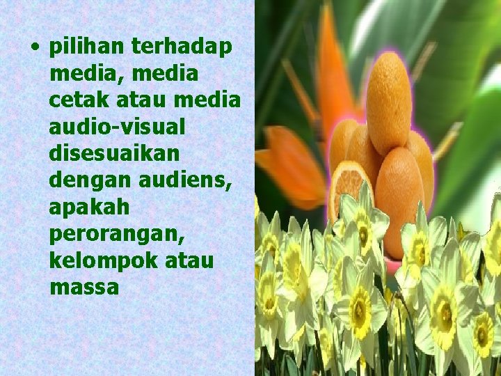  • pilihan terhadap media, media cetak atau media audio-visual disesuaikan dengan audiens, apakah