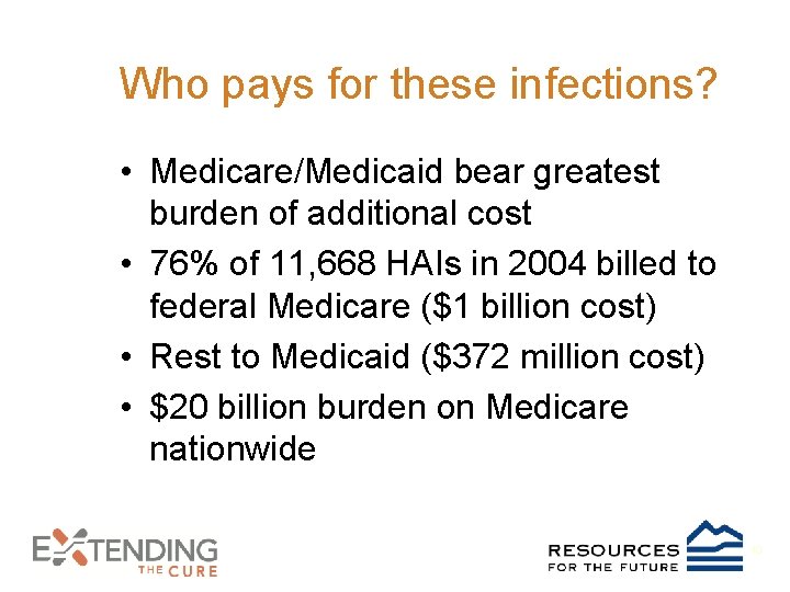 Who pays for these infections? • Medicare/Medicaid bear greatest burden of additional cost •