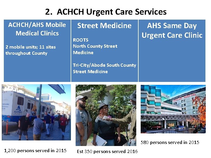 2. ACHCH Urgent Care Services ACHCH/AHS Mobile Medical Clinics 2 mobile units; 11 sites
