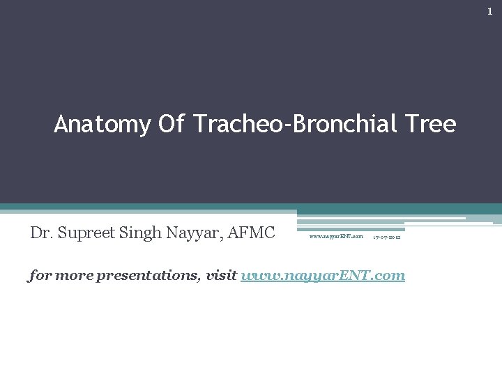 1 Anatomy Of Tracheo-Bronchial Tree Dr. Supreet Singh Nayyar, AFMC www. nayyar. ENT. com