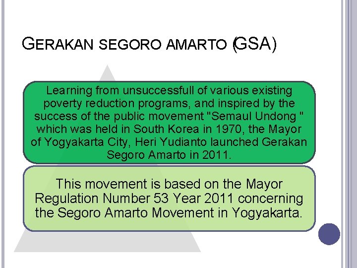 GERAKAN SEGORO AMARTO (GSA) Learning from unsuccessfull of various existing poverty reduction programs, and