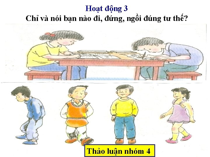 Hoạt động 3 Chỉ và nói bạn nào đi, đứng, ngồi đúng tư thế?