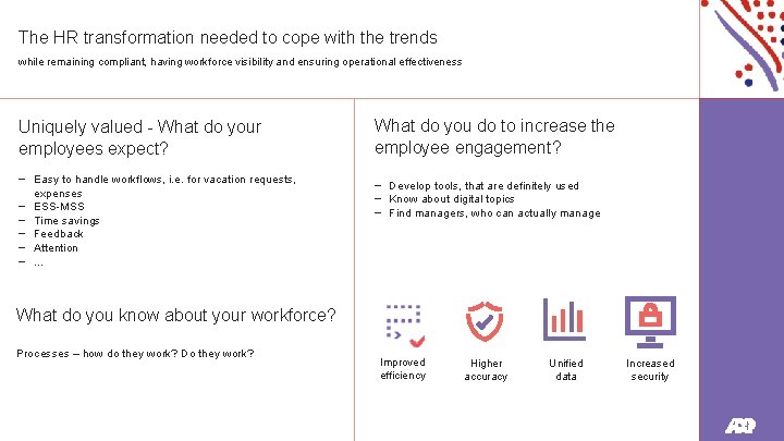 The HR transformation needed to cope with the trends while remaining compliant, having workforce