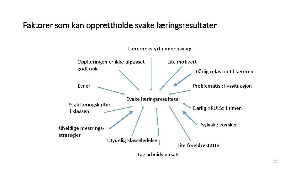 Faktorer som kan opprettholde svake læringsresultater Lærerbokstyrt undervisning Opplæringen er ikke tilpasset godt nok