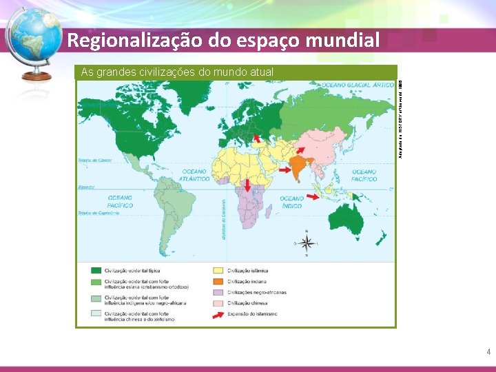 Regionalização do espaço mundial Adaptado de: HISTORY of the world, 1998. As grandes civilizações