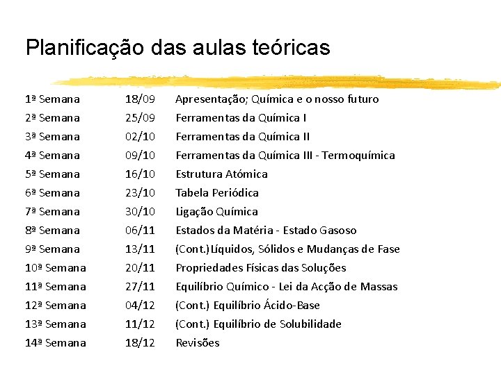 Planificação das aulas teóricas 1ª Semana 2ª Semana 18/09 25/09 Apresentação; Química e o