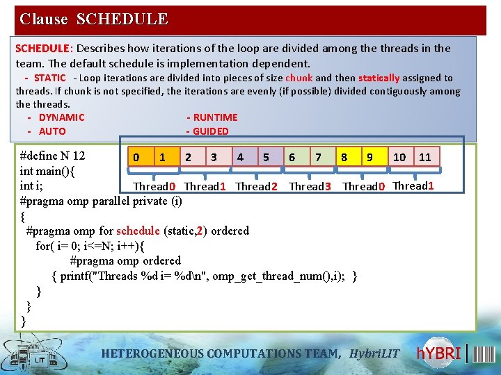 Clause SCHEDULE: Describes how iterations of the loop are divided among the threads in