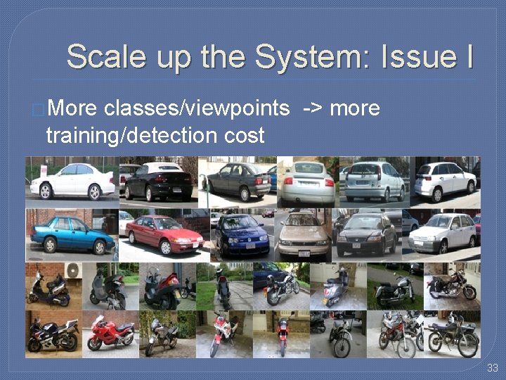 Scale up the System: Issue I �More classes/viewpoints -> more training/detection cost 33 Scale up the System: Issue I �More classes/viewpoints -> more training/detection cost 33