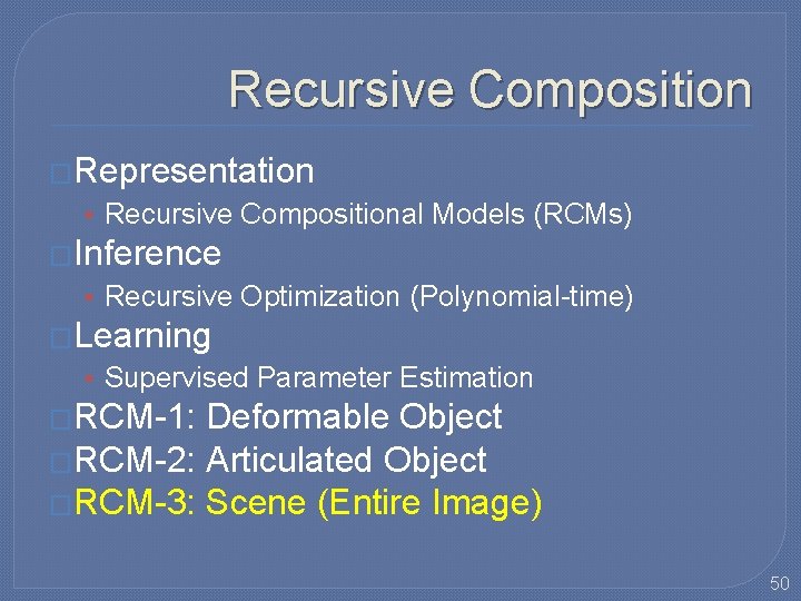 Recursive Composition �Representation • Recursive Compositional Models (RCMs) �Inference • Recursive Optimization (Polynomial-time) �Learning Recursive Composition �Representation • Recursive Compositional Models (RCMs) �Inference • Recursive Optimization (Polynomial-time) �Learning