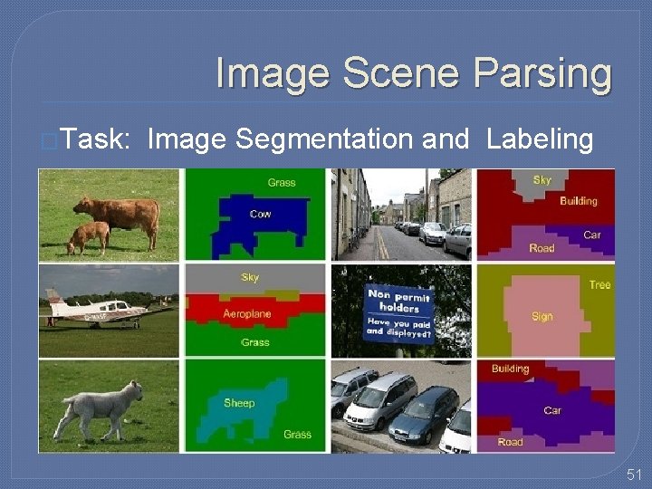 Image Scene Parsing �Task: Image Segmentation and Labeling 51 Image Scene Parsing �Task: Image Segmentation and Labeling 51