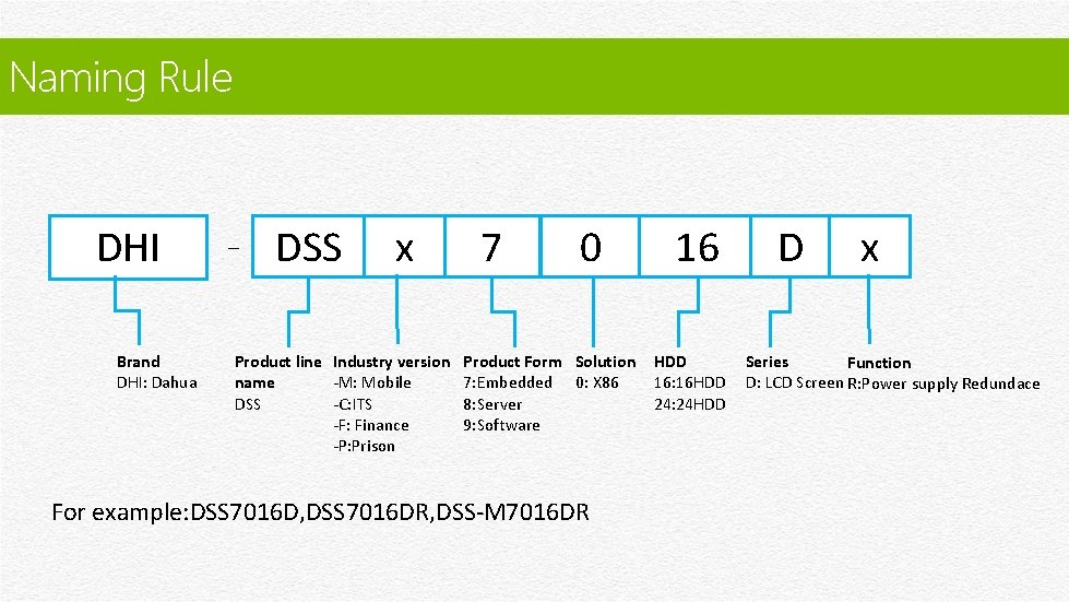 Naming Rule DHI Brand DHI: Dahua – DSS x Product line Industry version name