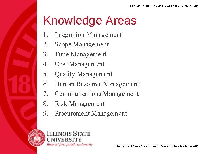 Slideshow Title (Select: View > Master > Slide Master to edit) Knowledge Areas 1.