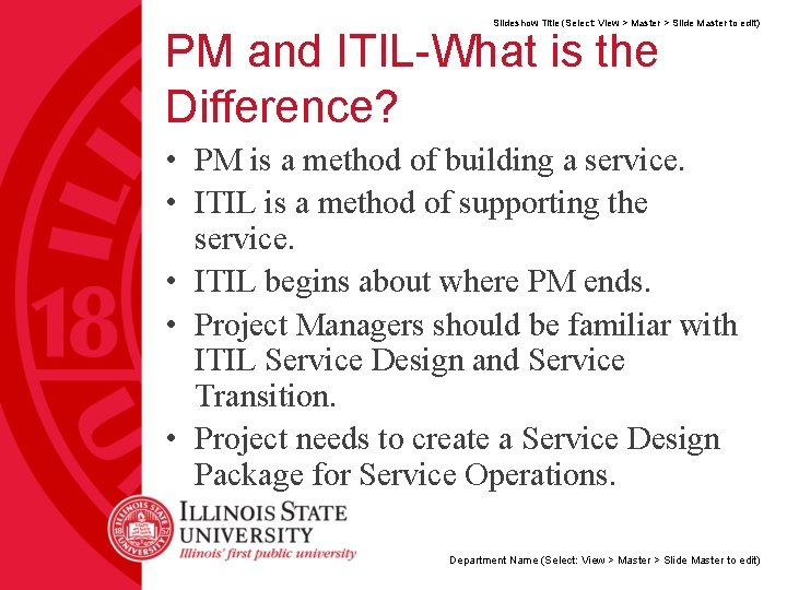 Slideshow Title (Select: View > Master > Slide Master to edit) PM and ITIL-What