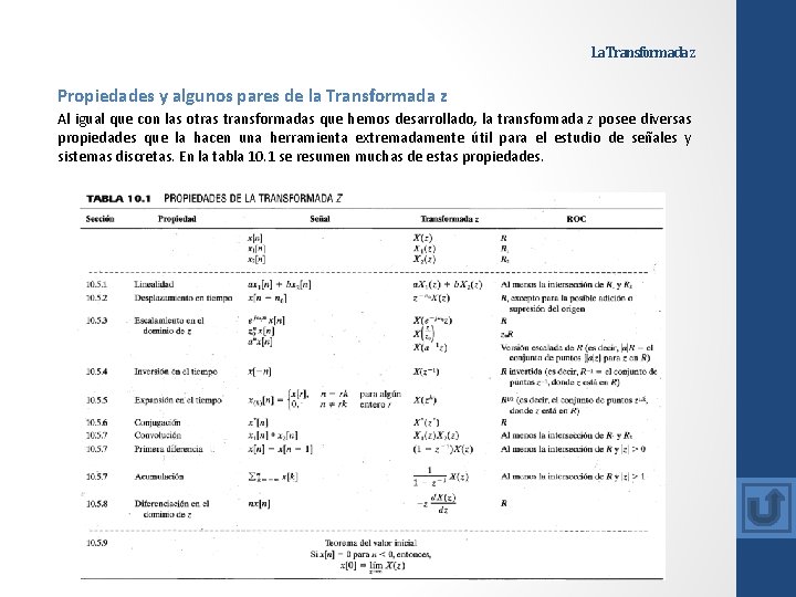 La Transformada z Propiedades y algunos pares de la Transformada z Al igual que