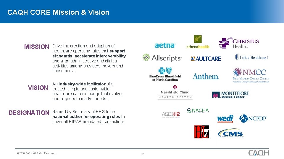 CAQH CORE Mission & Vision MISSION VISION DESIGNATION Drive the creation and adoption of