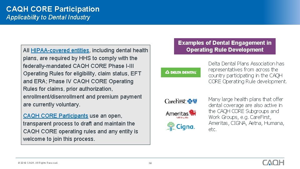 CAQH CORE Participation Applicability to Dental Industry All HIPAA-covered entities, including dental health plans,