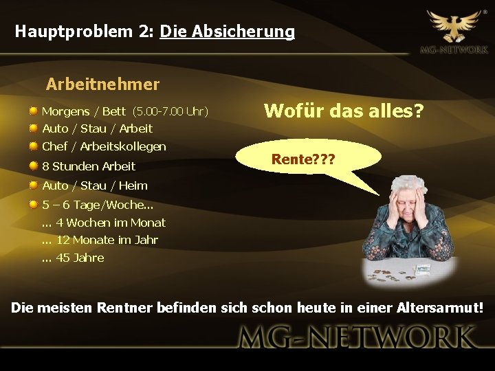 Hauptproblem 2: Die Absicherung Arbeitnehmer Morgens / Bett (5. 00 -7. 00 Uhr) Wofür