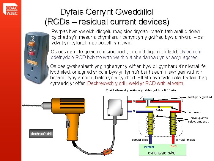 Dyfais Cerrynt Gweddillol (RCDs – residual current devices) Pwrpas hwn yw eich diogelu rhag
