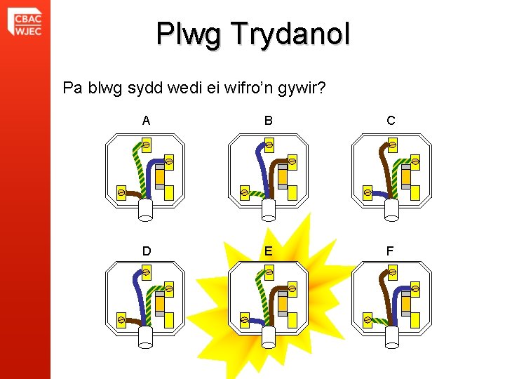 Plwg Trydanol Pa blwg sydd wedi ei wifro’n gywir? A B C D E