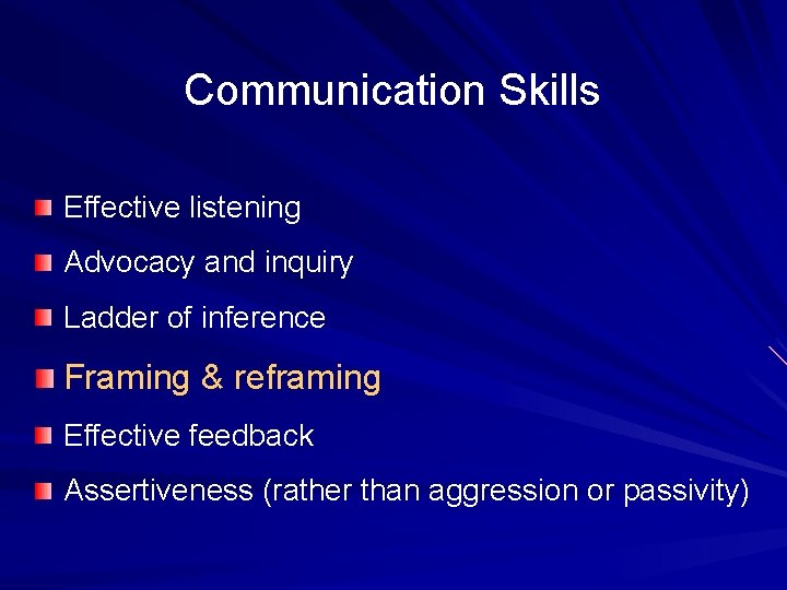 Communication Skills Effective listening Advocacy and inquiry Ladder of inference Framing & reframing Effective Communication Skills Effective listening Advocacy and inquiry Ladder of inference Framing & reframing Effective