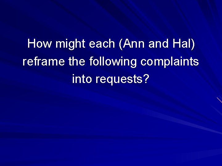 How might each (Ann and Hal) reframe the following complaints into requests? How might each (Ann and Hal) reframe the following complaints into requests?