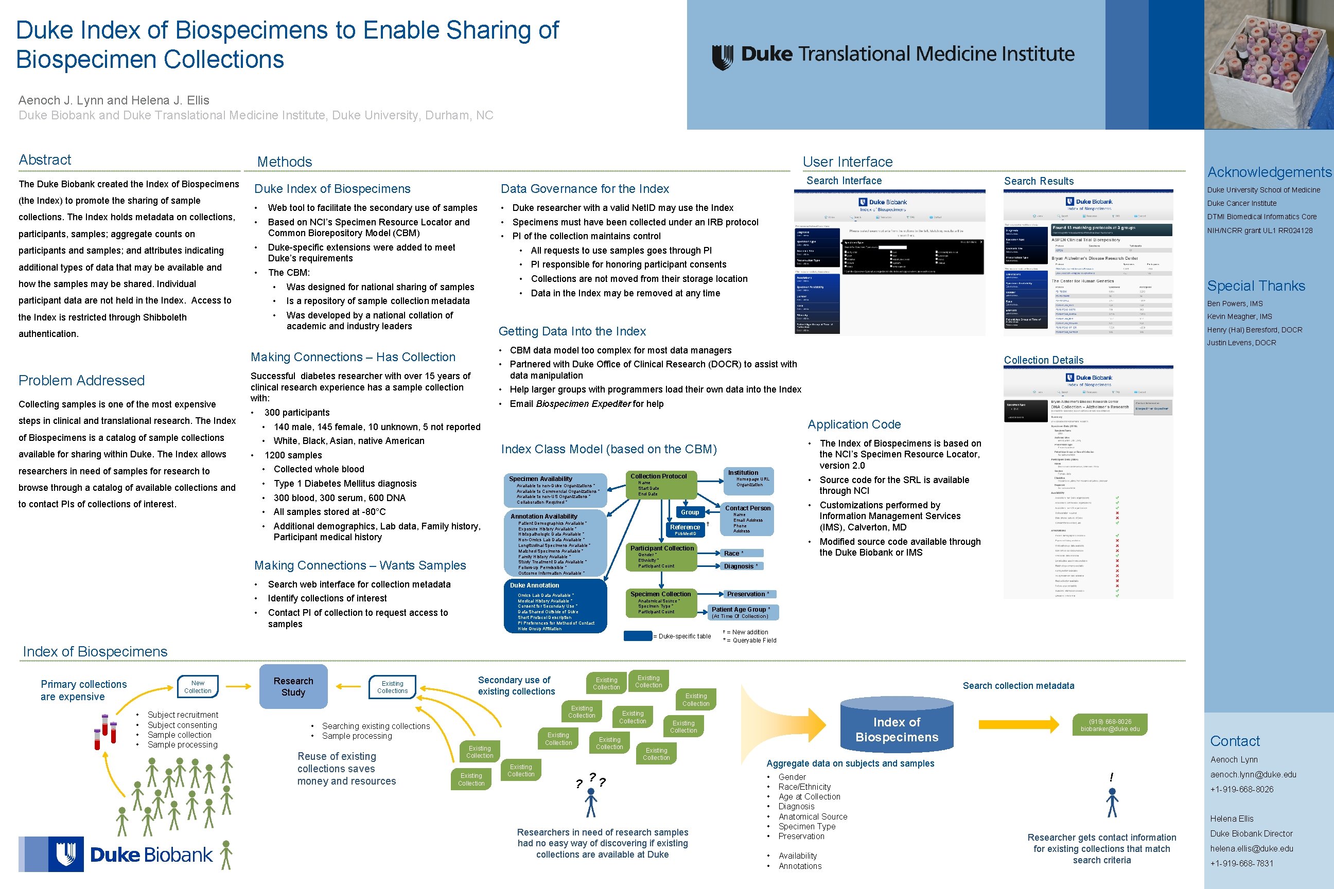 Duke Index of Biospecimens to Enable Sharing of Biospecimen Collections Aenoch J. Lynn and