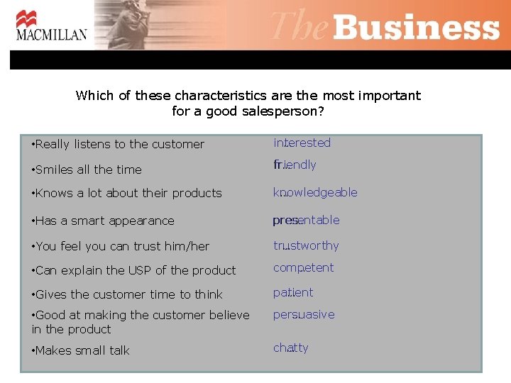 Which of these characteristics are the most important for a good salesperson? • Really