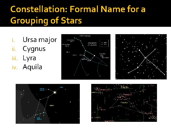 Constellation: Formal Name for a Grouping of Stars i. iii. iv. Ursa major Cygnus Constellation: Formal Name for a Grouping of Stars i. iii. iv. Ursa major Cygnus