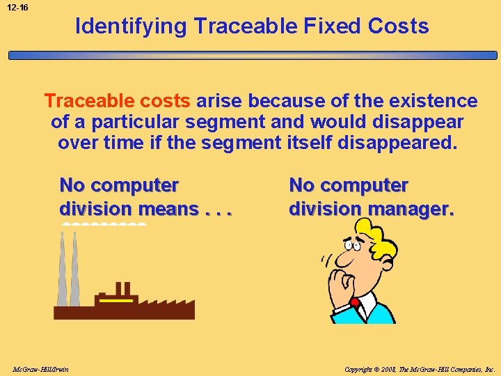 12 -16 Identifying Traceable Fixed Costs Traceable costs arise because of the existence of