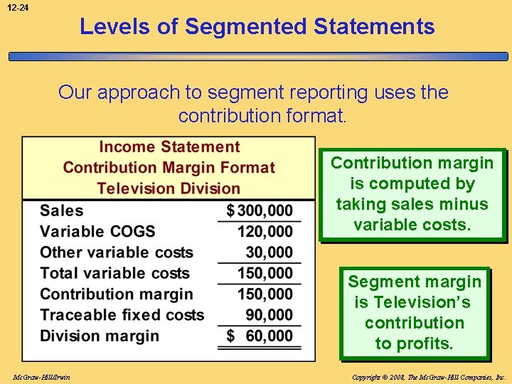 12 -24 Levels of Segmented Statements Our approach to segment reporting uses the contribution